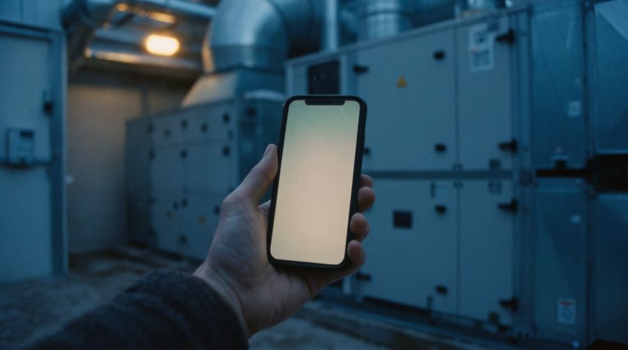 Hand med en mobiltelefon i ett fläktrum med stora ventilationsaggregat