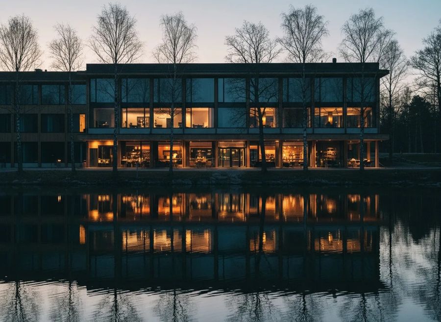 Hotell- och konferensanläggning i skymning under lågsäsong