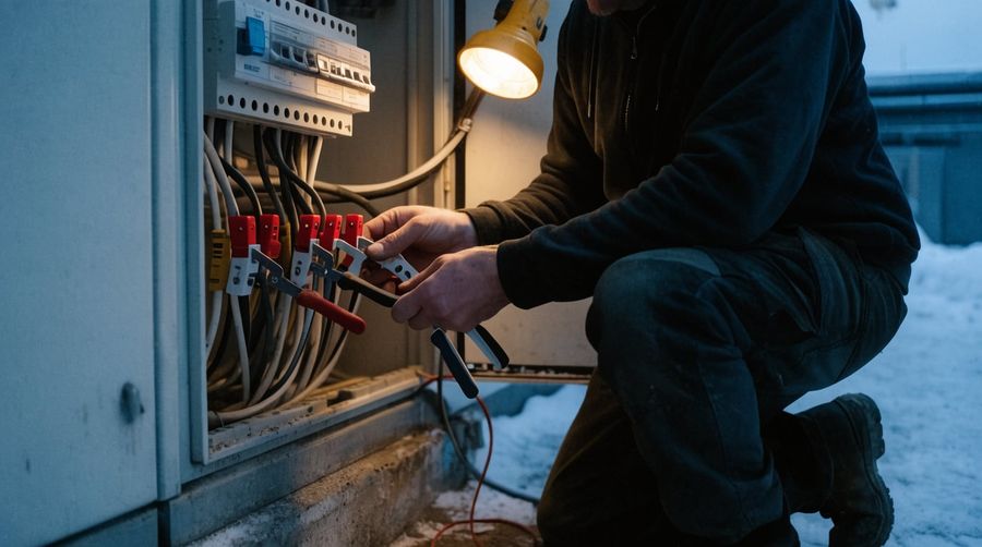 Elektriker sätter strömtänger på kablarna i ett elskåp en vinterkväll